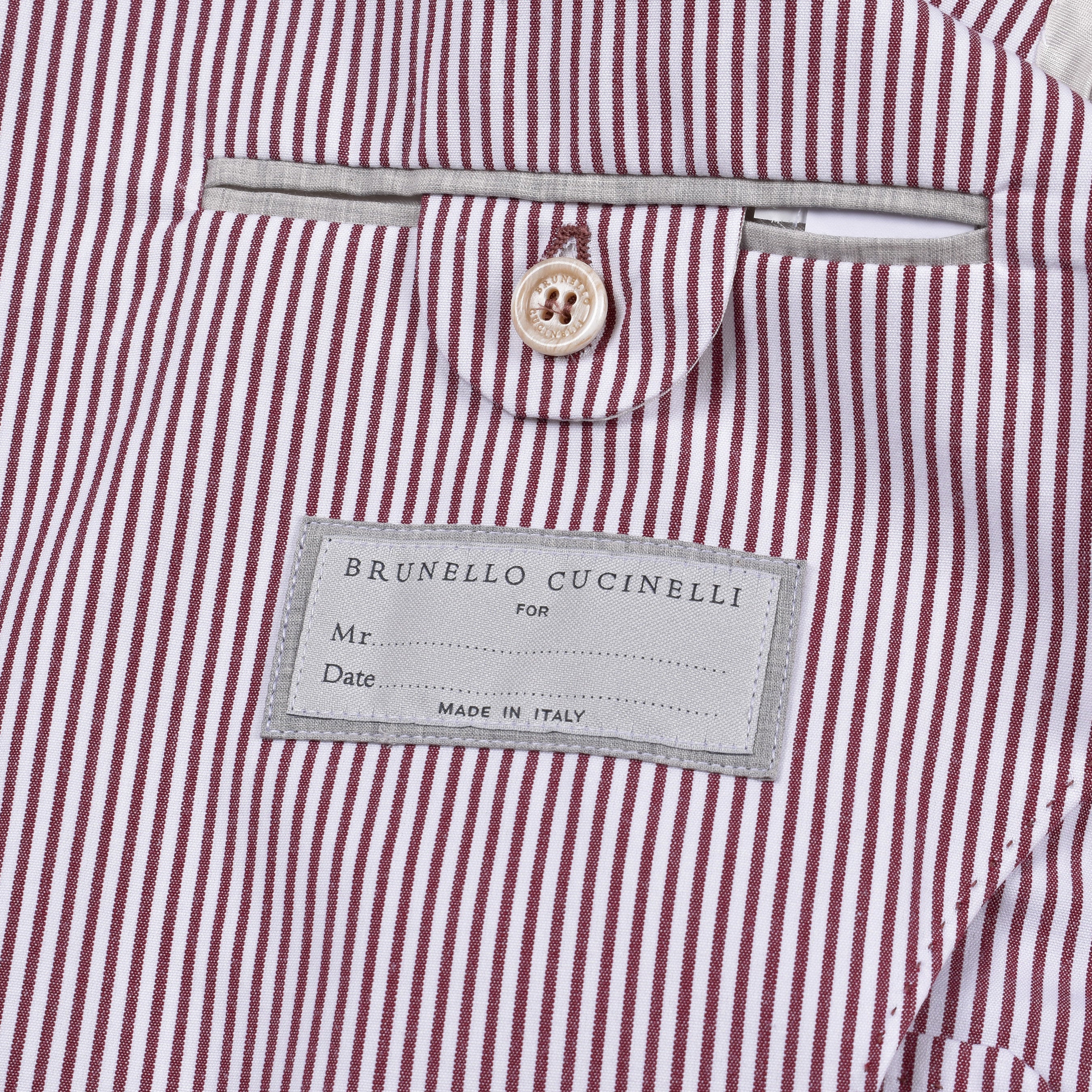 BRUNELLO CUCINELLI MEN'S BURGUNDY STRIPED DECONSTRUCTED BLAZER