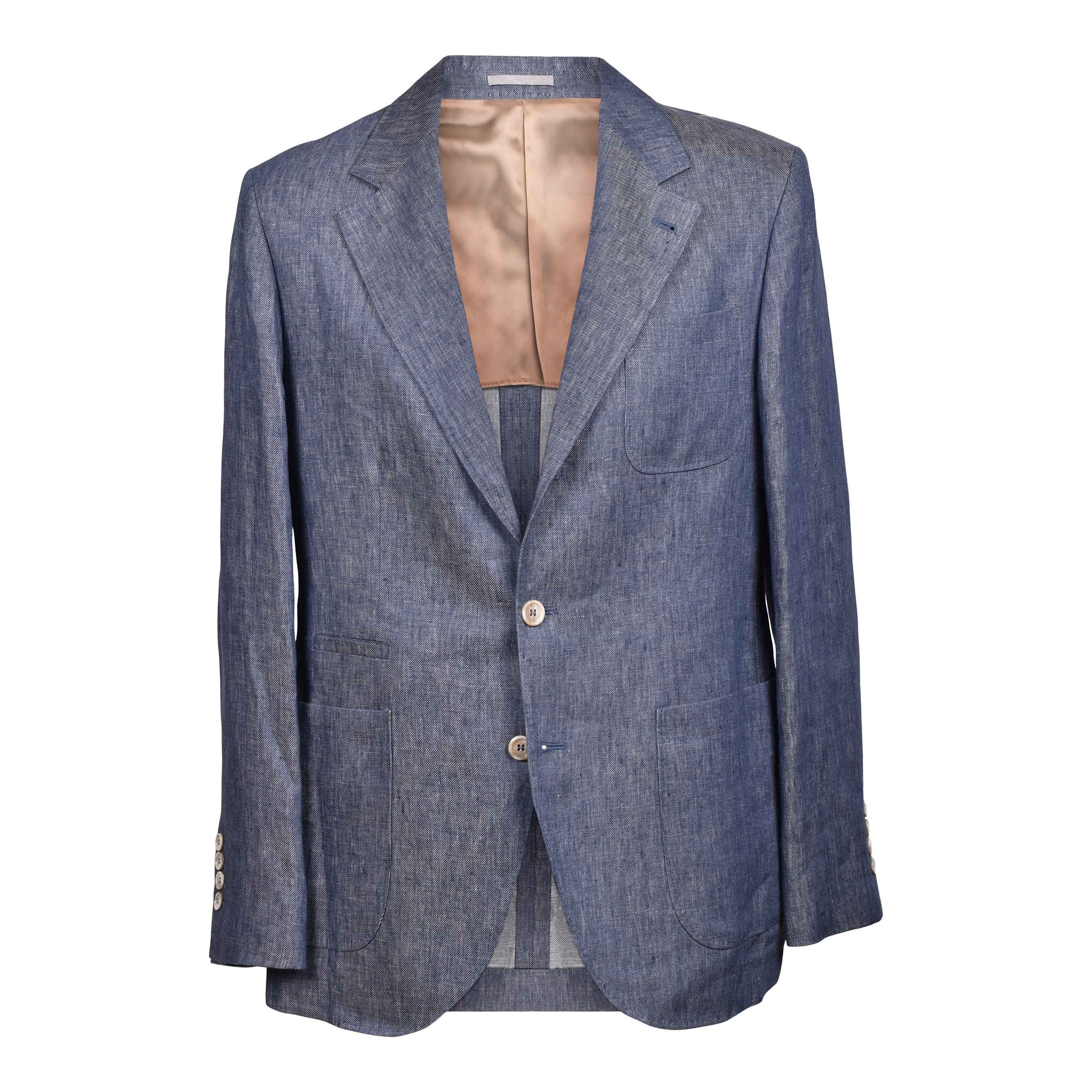 BRUNELLO CUCINELLI MEN'S DENIM BLUE LINEN THREE-BUTTON SUIT