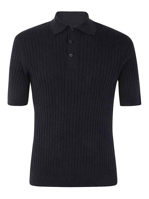 BRUNELLO CUCINELLI MEN'S NAVY COTTON RIBBED POLO SWEATER