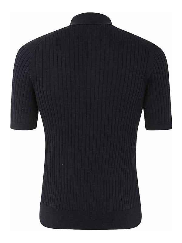 BRUNELLO CUCINELLI MEN'S NAVY COTTON RIBBED POLO SWEATER