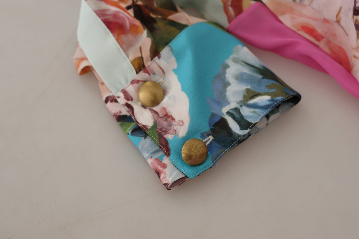 Dolce & Gabbana Multicolor Floral Patchwork Design Ascot Collar Top Blouse
