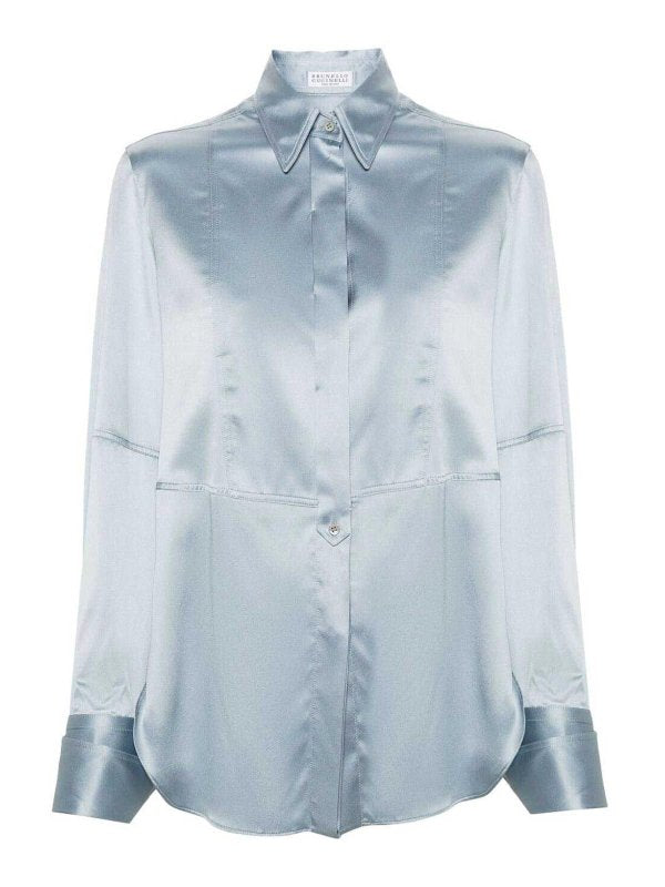 BRUNELLO CUCINELLI WOMEN'S SILK SATIN LIGHT BLUE SHIRT