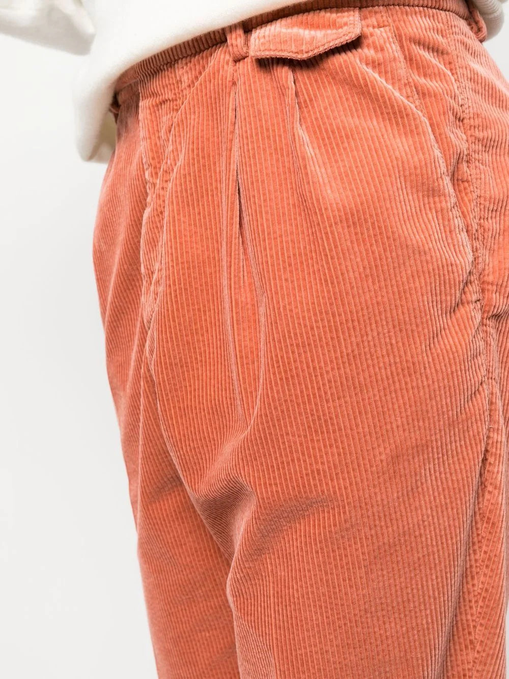 BRUNELLO CUCINELLI MEN'S ORANGE PLEATED CORDUROY TROUSERS