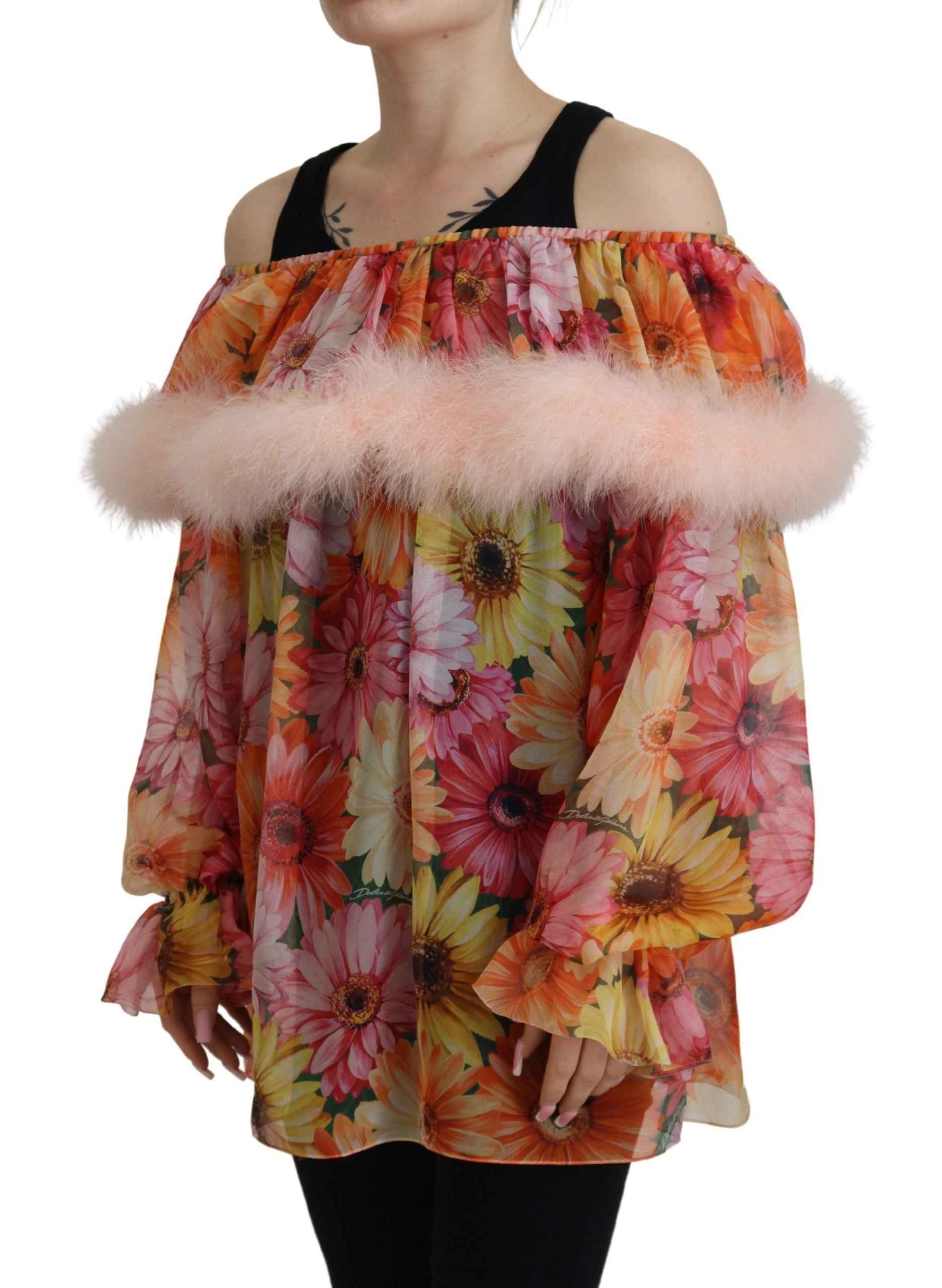Dolce & Gabbana Multicolor Floral Fur Shearling Blouse Top