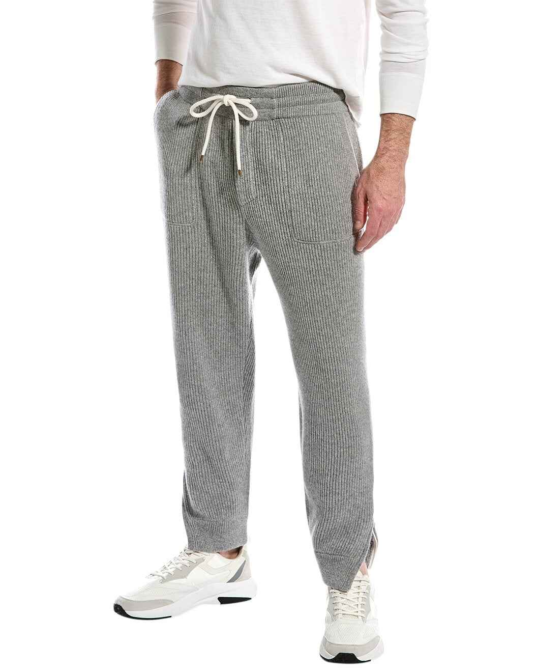 BRUNELLO CUCINELLI MEN'S LIGHT GREY CASHMERE RIBBED DRAWSTRING TROUSERS