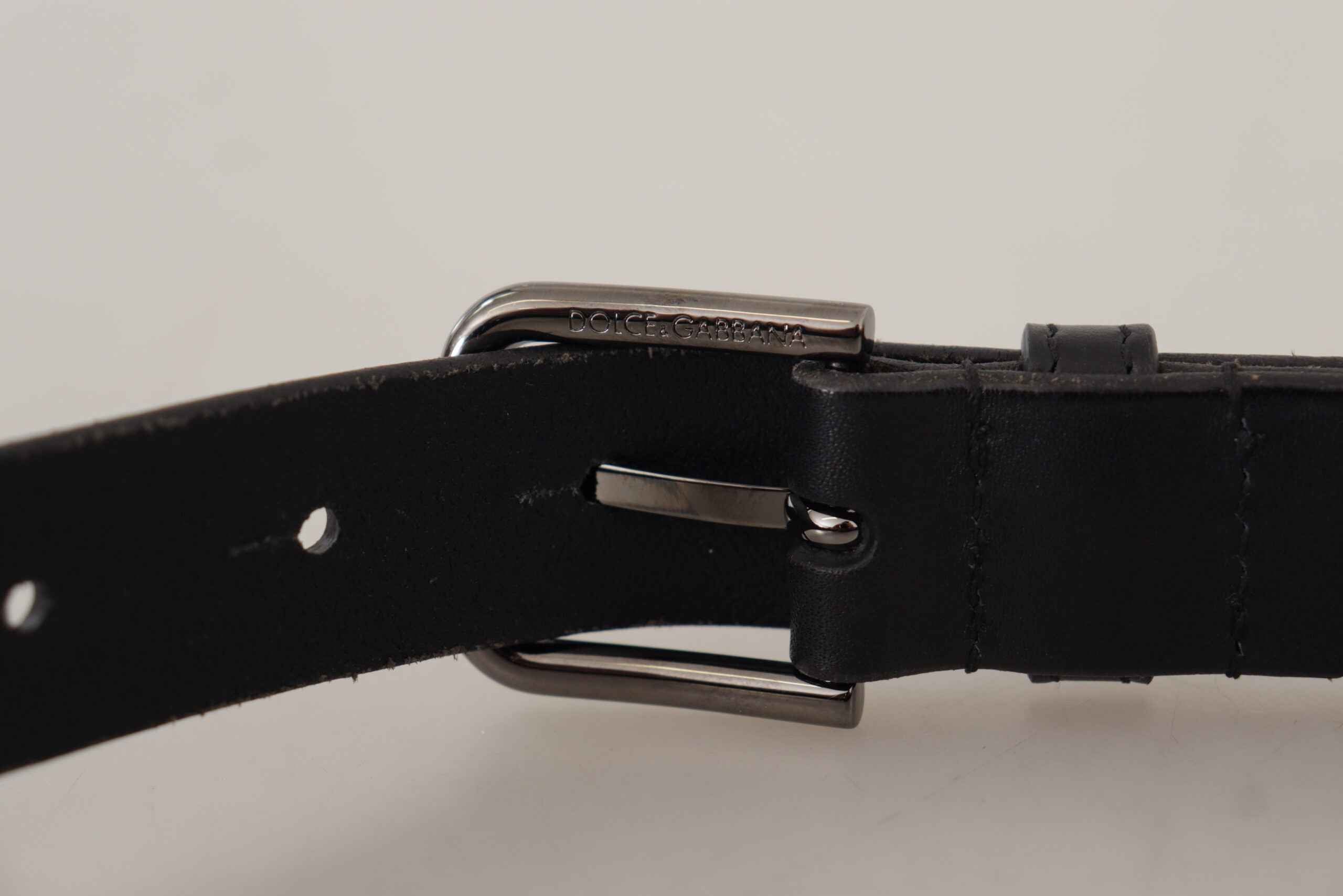 Dolce & Gabbana Black Calf Leather Logo Engraved Metal Buckle Belt