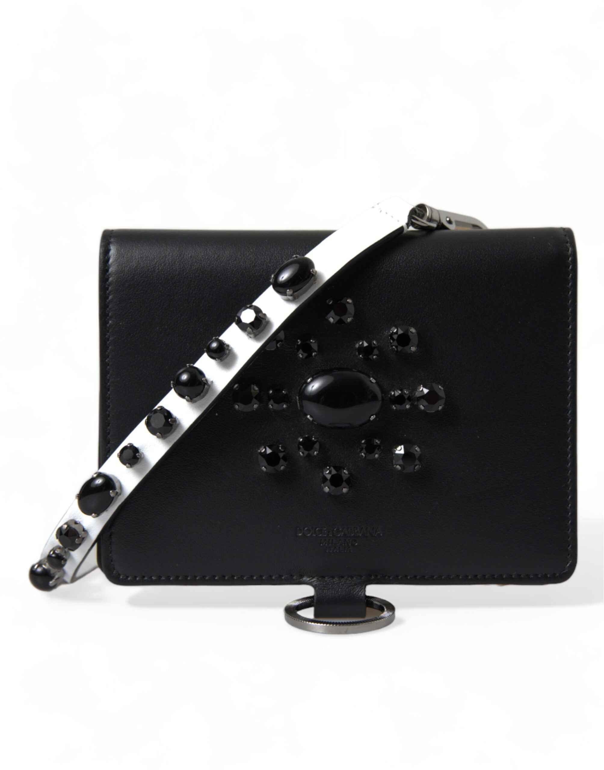 Dolce & Gabbana Black Leather Crystal Embellished Card Holder Wallet