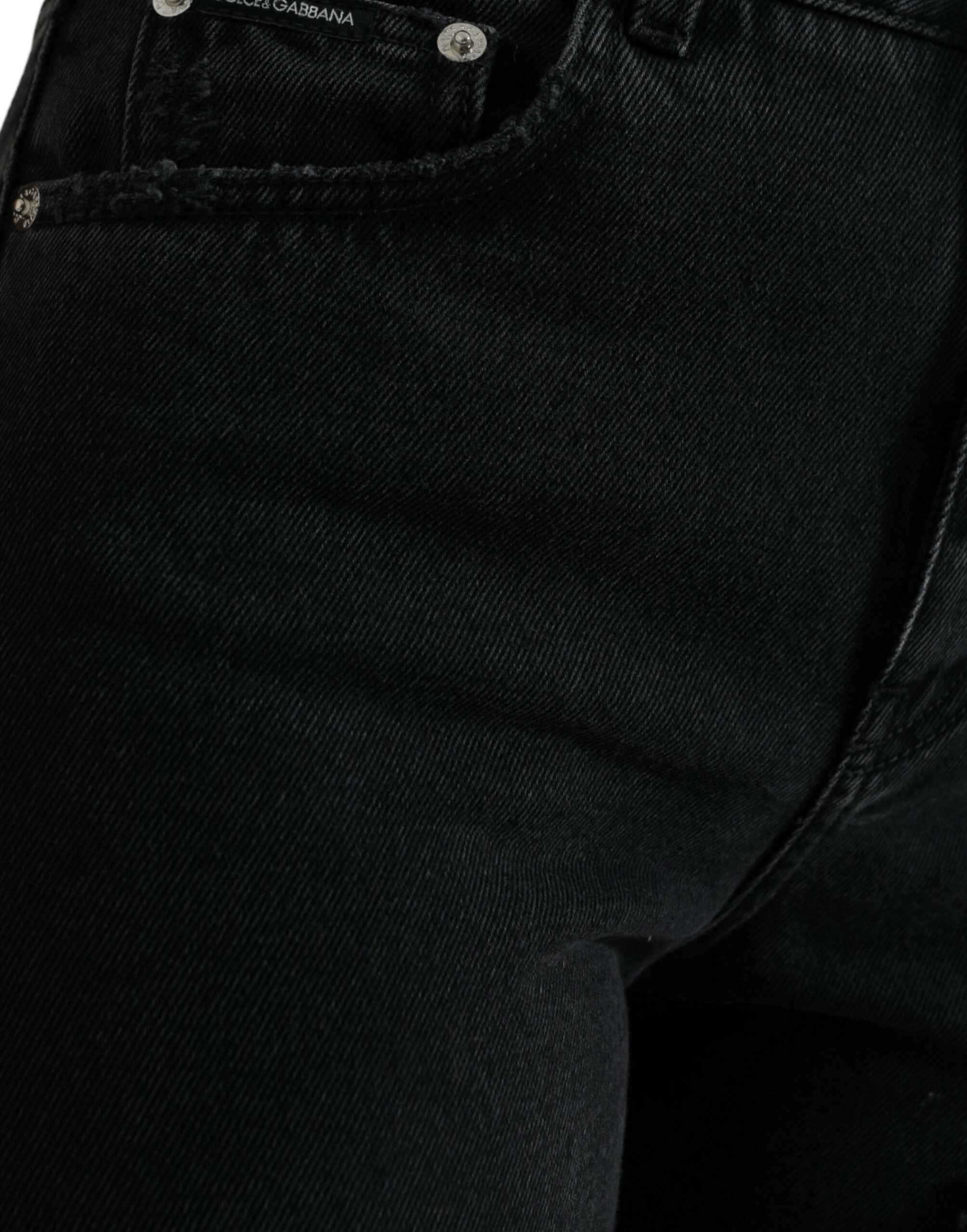 Dolce & Gabbana Black Cotton High Waist Tattered Denim Jeans