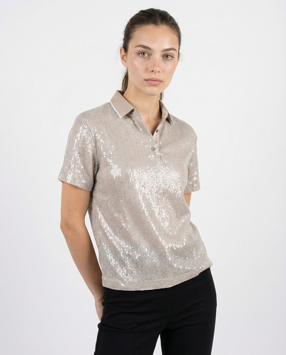 BRUNELLO CUCINELLI WOMEN'S SILVER SILK BLEND SEQUIN POLO SHIRT