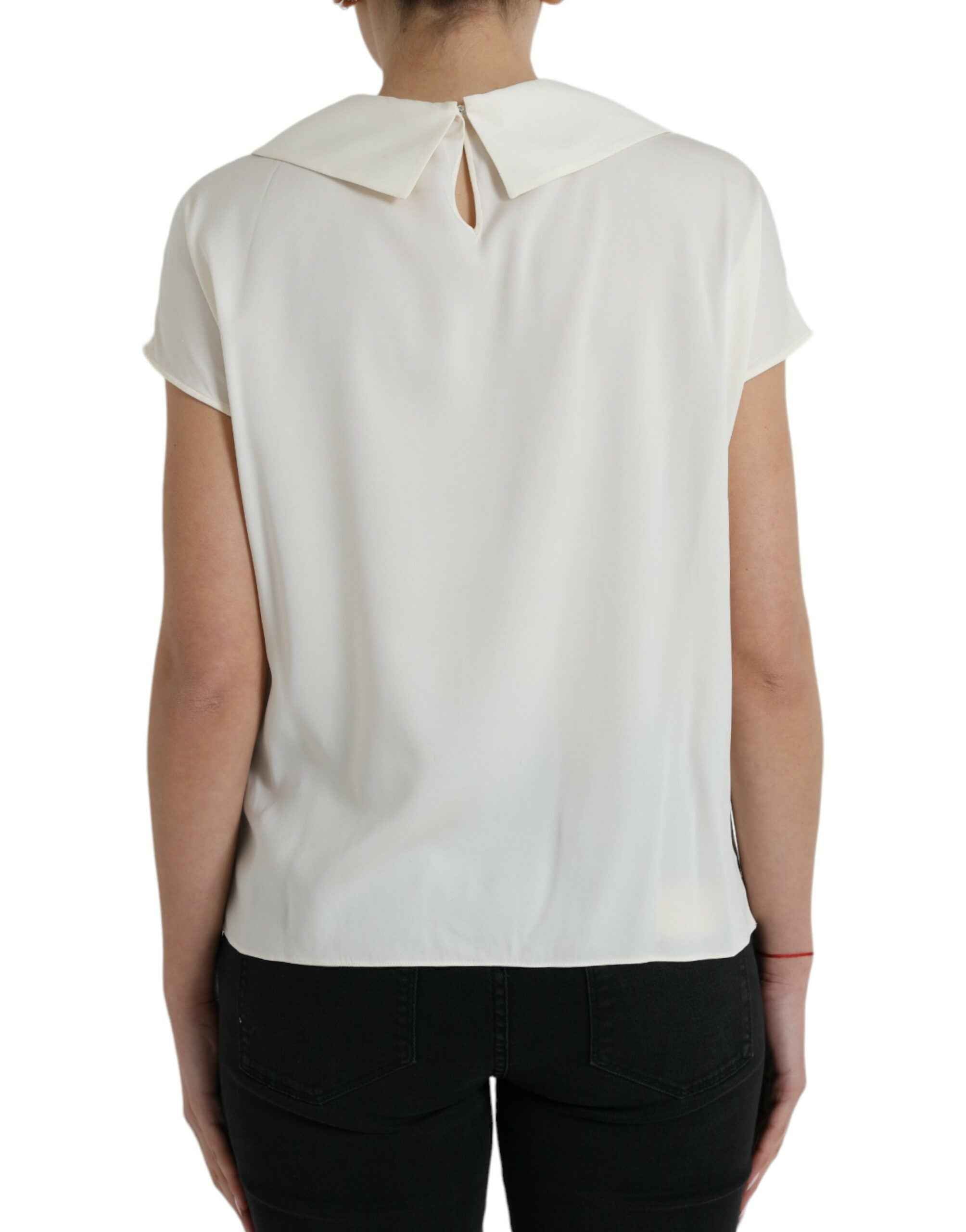 Dolce & Gabbana Off White Silk Lace Trim Short Sleeves Top