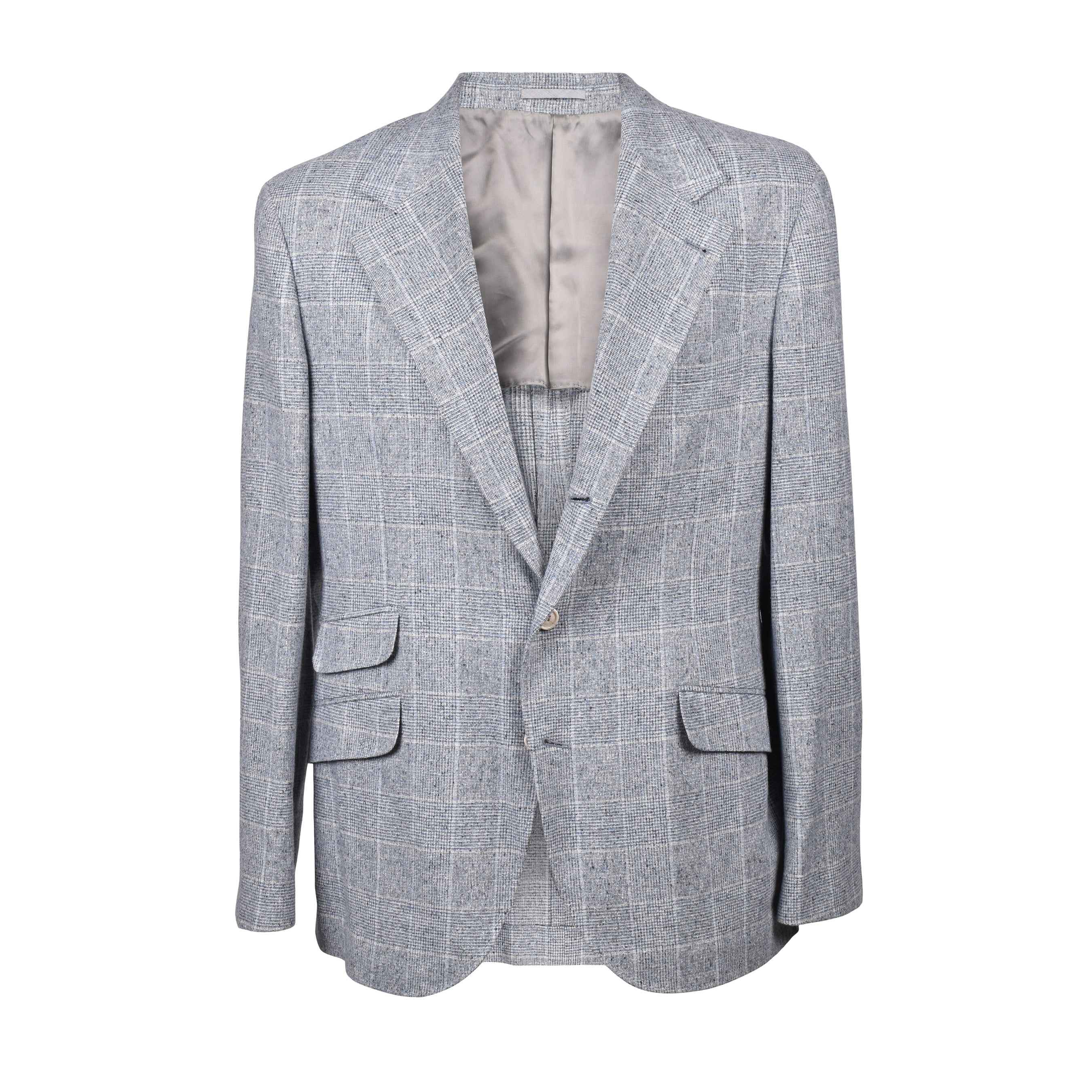 BRUNELLO CUCINELLI MEN'S NEUTRAL BLUE WOOL CHECK BLAZER