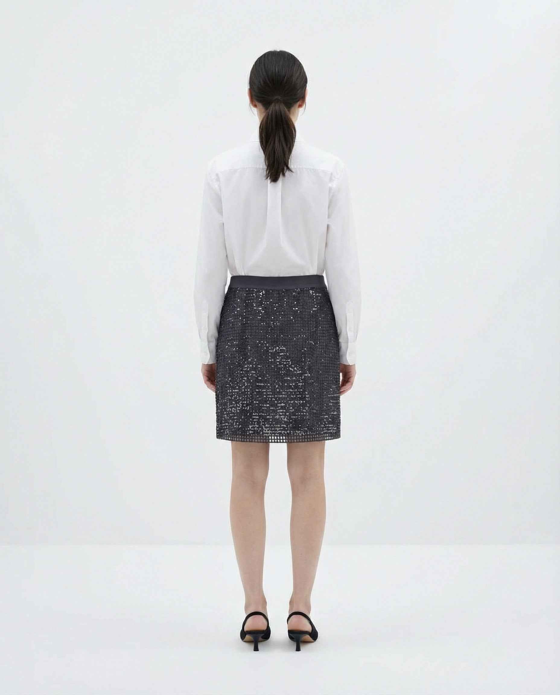 BRUNELLO CUCINELLI WOMEN'S DARK GREY SEQUIN SILK MINI SKIRT
