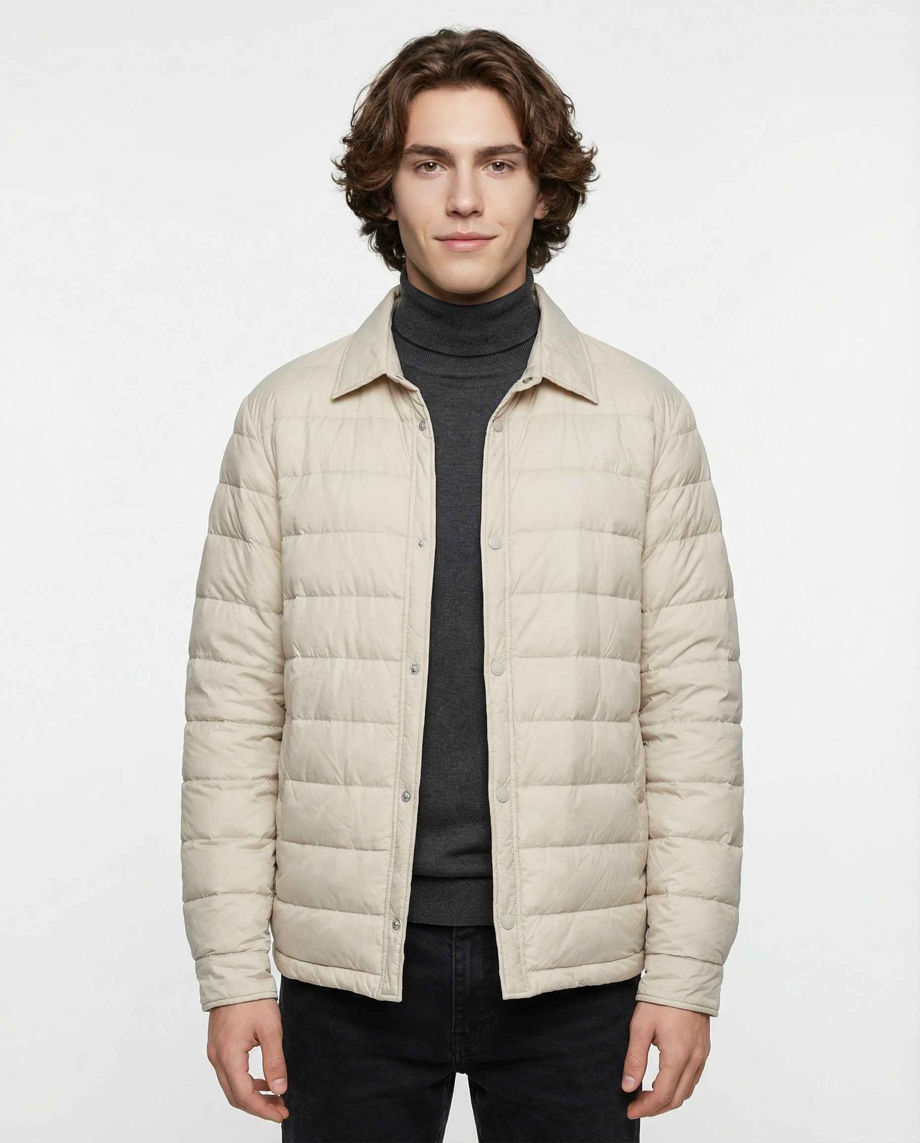PESERICO MEN'S BEIGE QUILTED PUFFER BOMBER JACKET