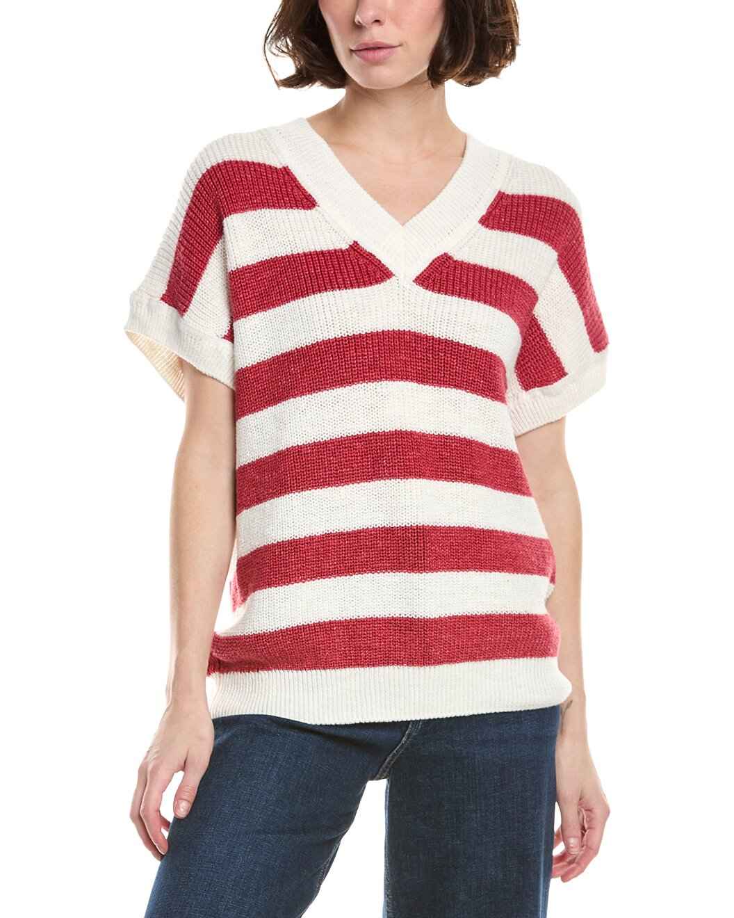 ELEVENTY WOMEN'S WHITE CORAL STRIPED V-NECK SWEATER
