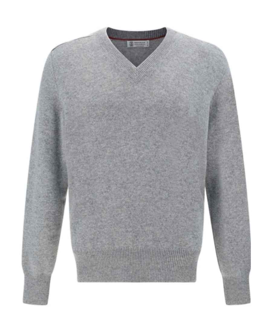 BRUNELLO CUCINELLI MEN'S LIGHT GREY CASHMERE SWEATER