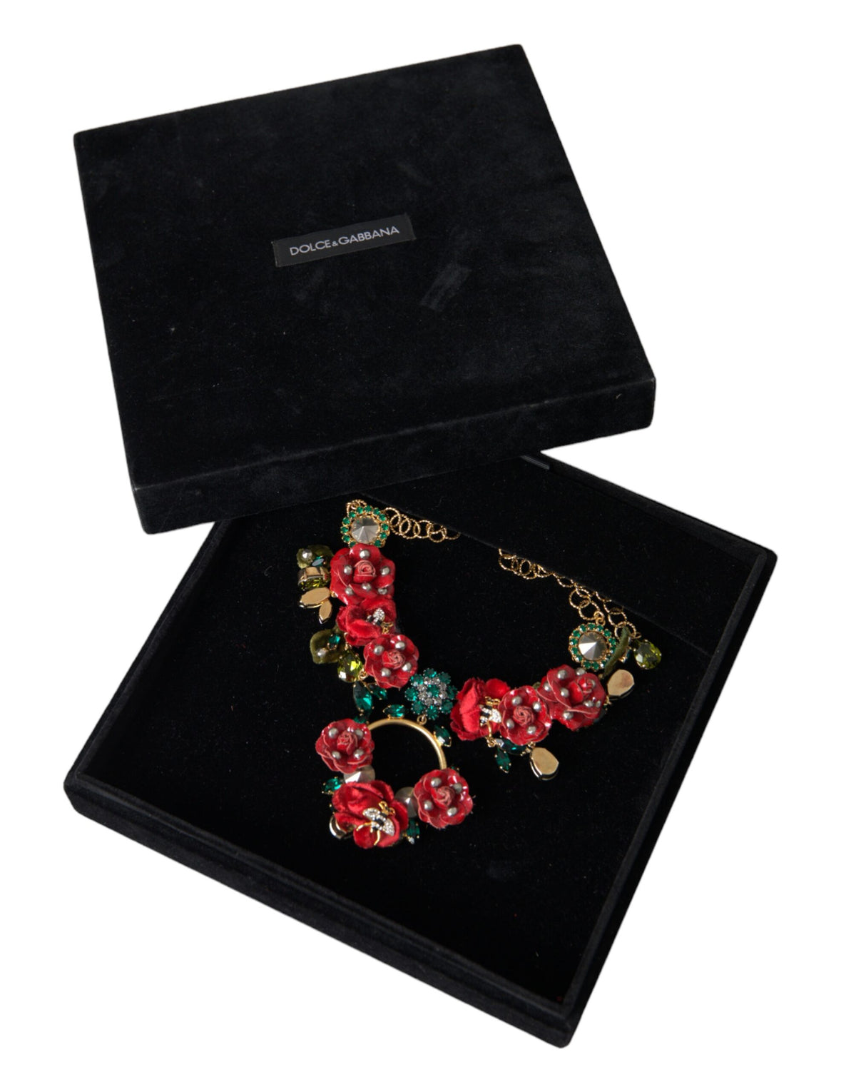 Dolce & Gabbana Gold Brass Link Chain RosePetal Crystal Pendant Necklace