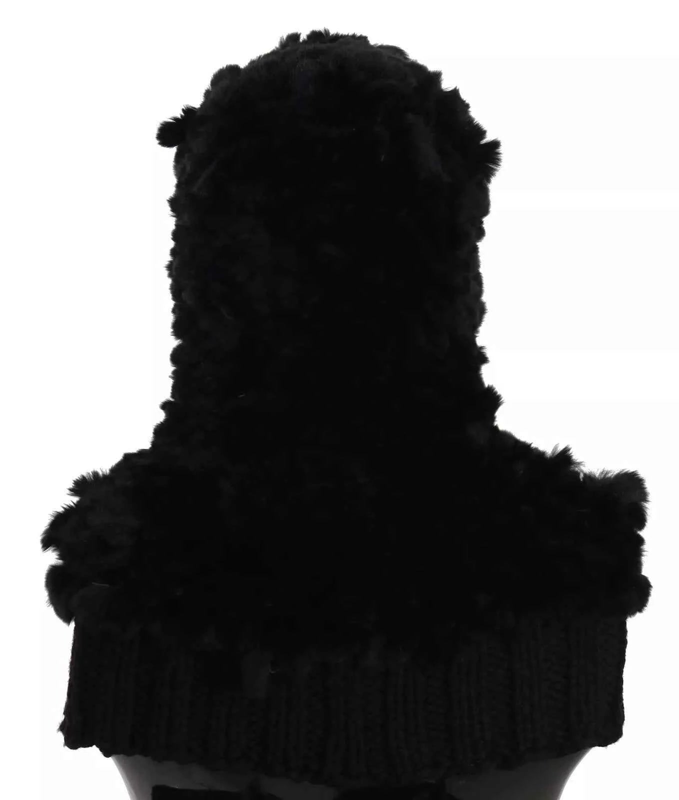 Dolce & Gabbana Black Silver Fox Fur Cashmere Hooded Scarf