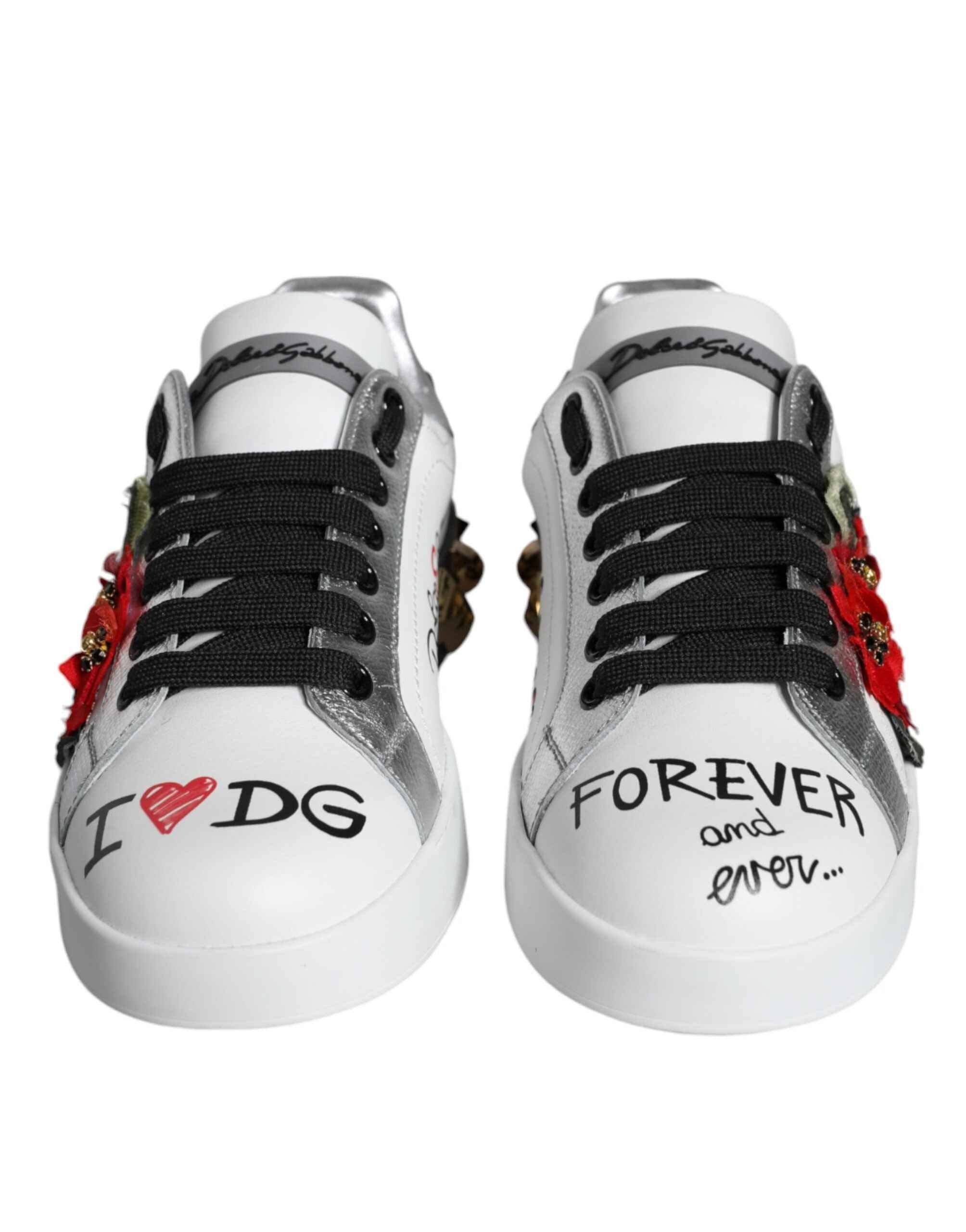 Dolce & Gabbana White Leather Floral Studded Sneakers Shoes
