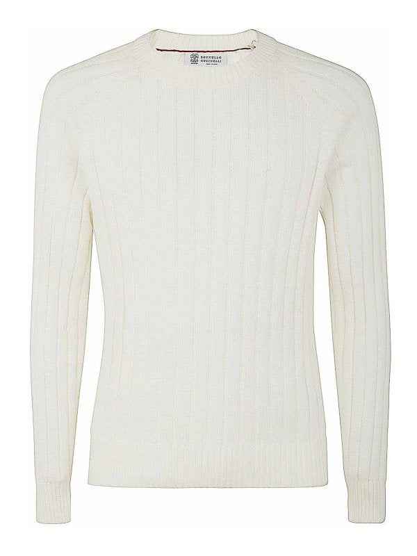BRUNELLO CUCINELLI MEN'S IVORY RIBBED KNIT SWEATER