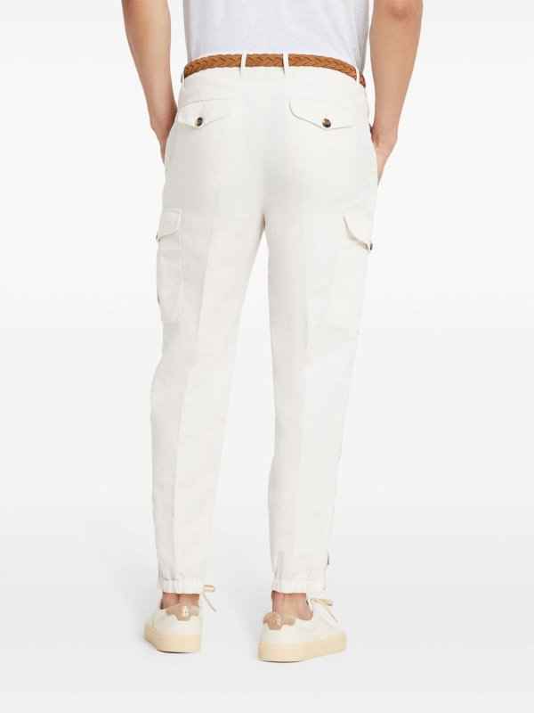 BRUNELLO CUCINELLI MEN'S OFF WHITE LINEN BLEND CARGO TROUSERS