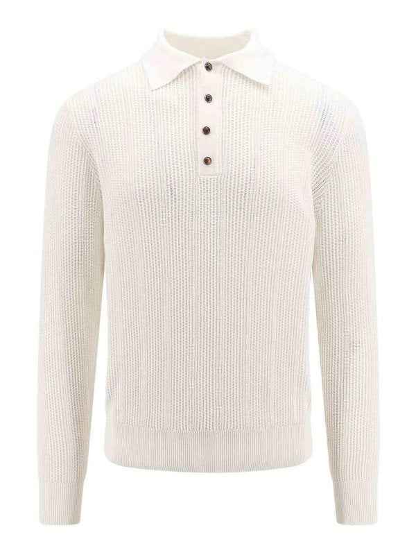 BRUNELLO CUCINELLI MEN'S IVORY KNIT POLO SWEATER