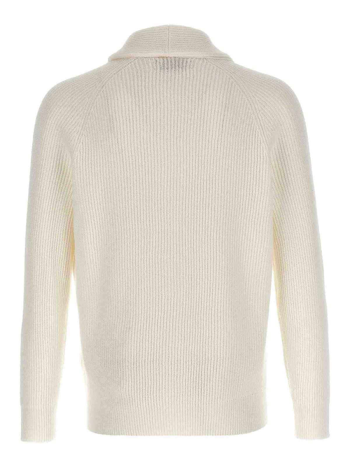 BRUNELLO CUCINELLI MEN'S IVORY SHAWL COLLAR KNIT CARDIGAN