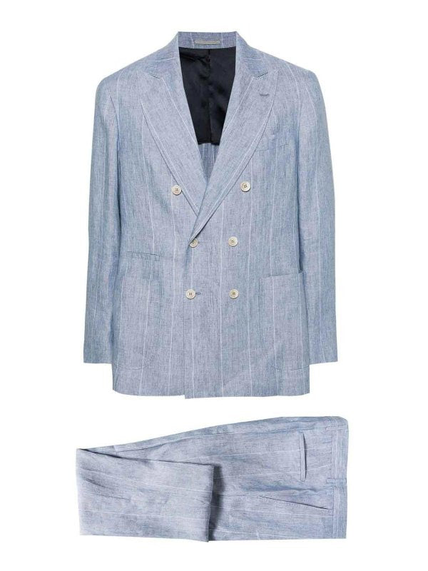 BRUNELLO CUCINELLI MEN'S CELESTE LINEN DOUBLE-BREASTED SUIT
