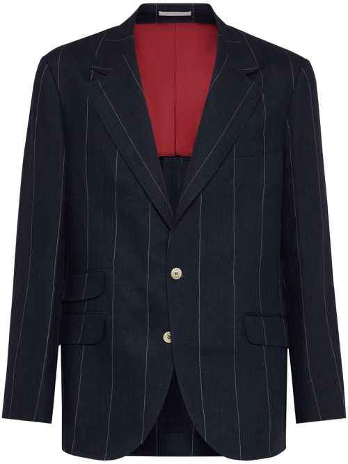 BRUNELLO CUCINELLI MEN'S NAVY LINEN PINSTRIPE BLAZER