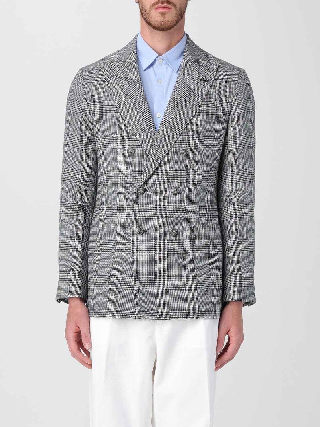 BRUNELLO CUCINELLI MEN'S GRAY PLAID DOUBLE-BREASTED BLAZER