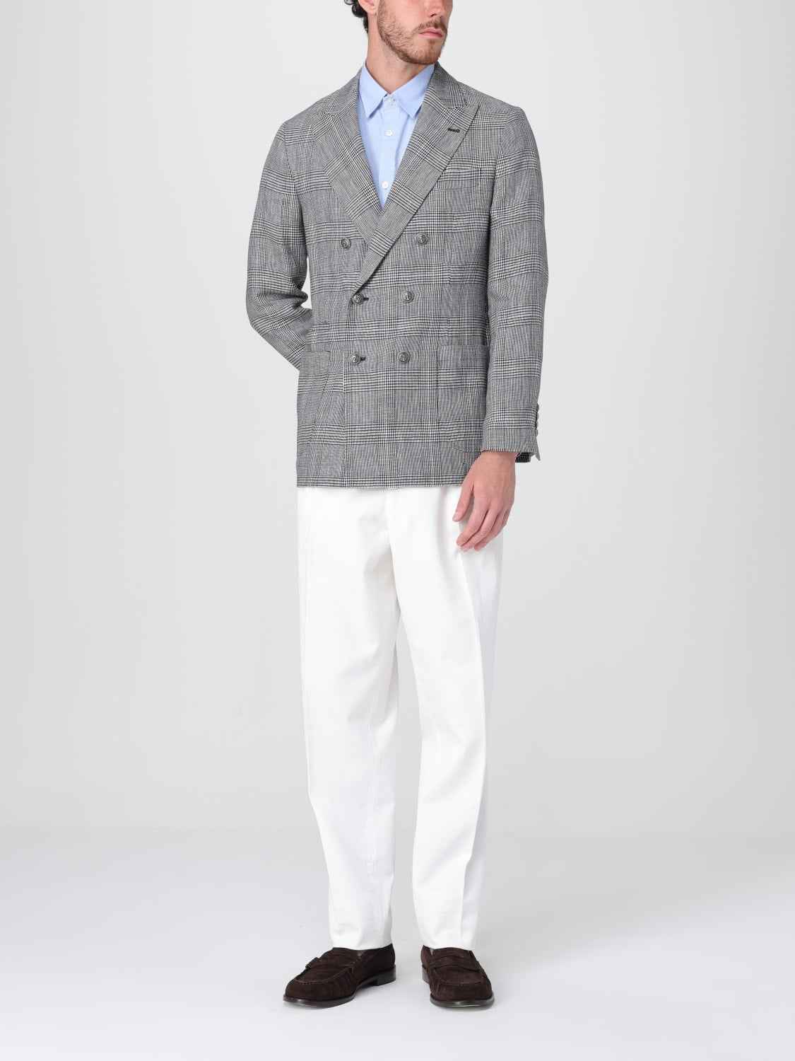 BRUNELLO CUCINELLI MEN'S GRAY PLAID DOUBLE-BREASTED BLAZER