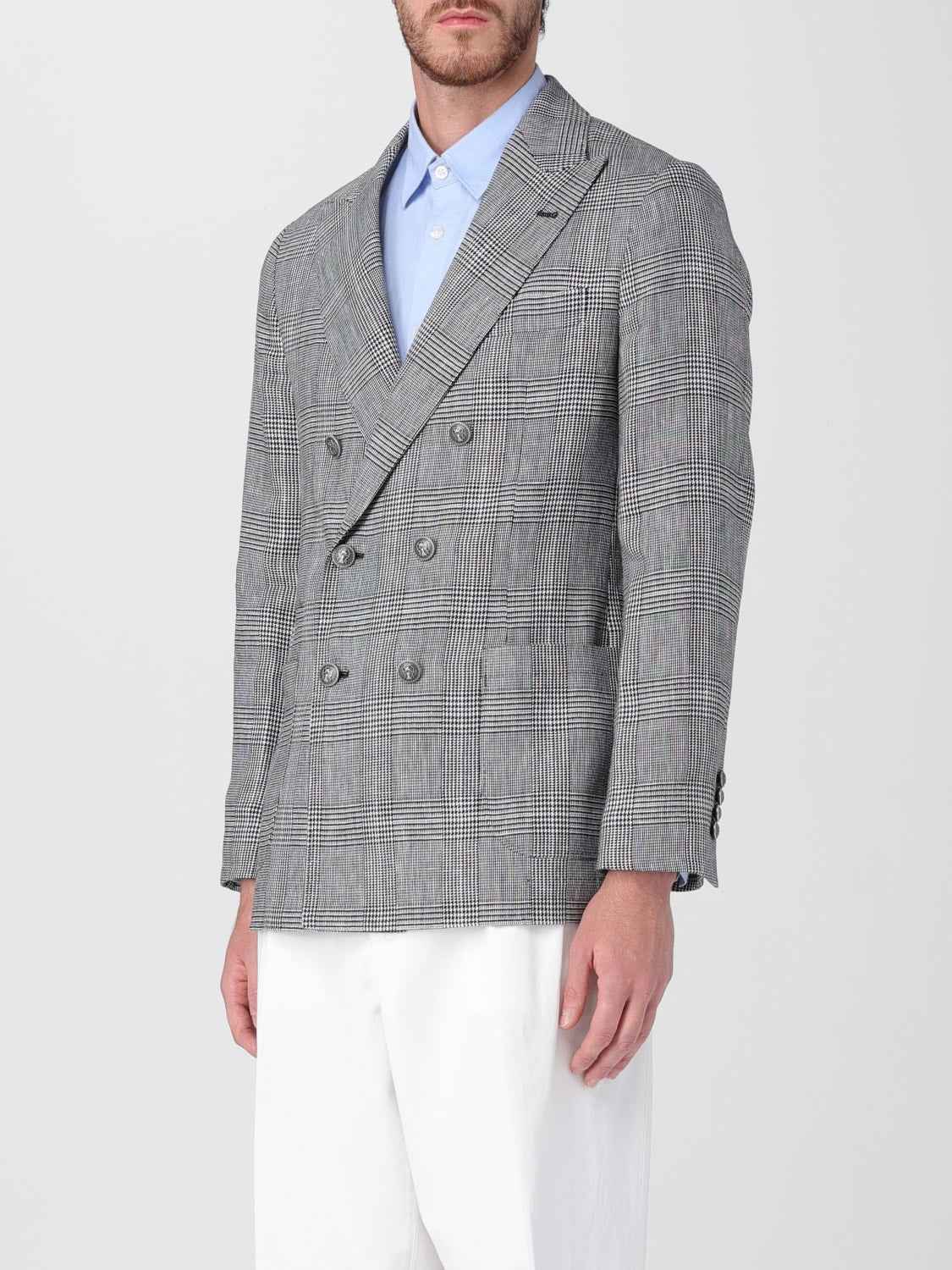 BRUNELLO CUCINELLI MEN'S GRAY PLAID DOUBLE-BREASTED BLAZER
