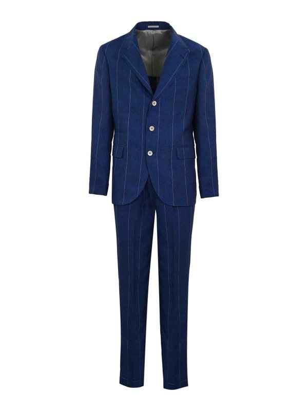 BRUNELLO CUCINELLI MEN'S INDIGO LINEN PINSTRIPE SUIT