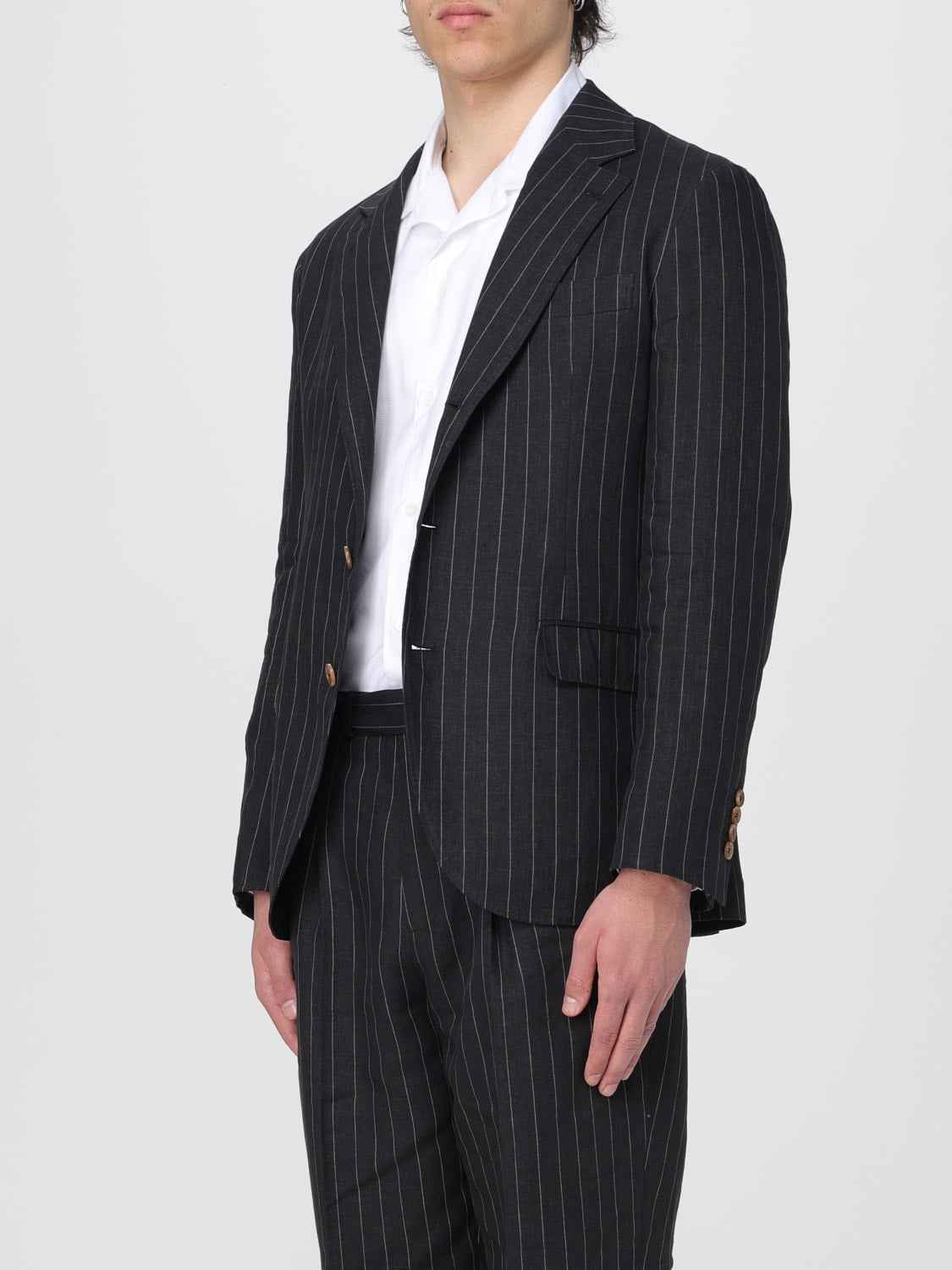 BRUNELLO CUCINELLI MEN'S BLACK LINEN PINSTRIPE BLAZER