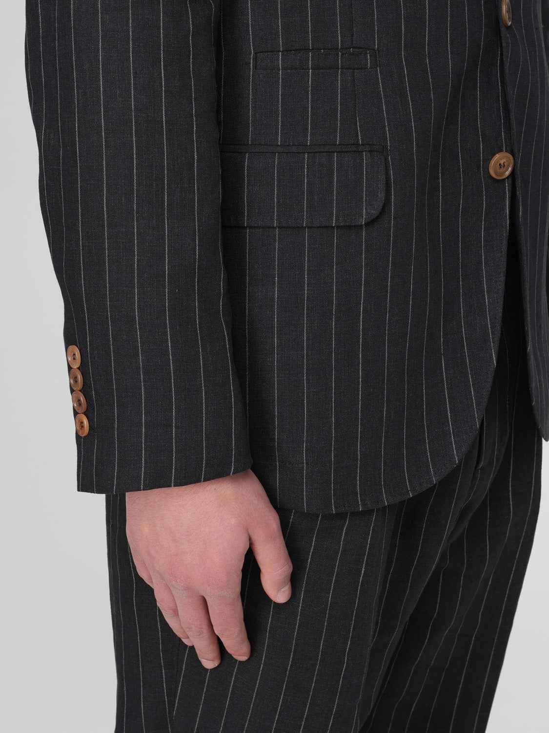BRUNELLO CUCINELLI MEN'S BLACK LINEN PINSTRIPE BLAZER