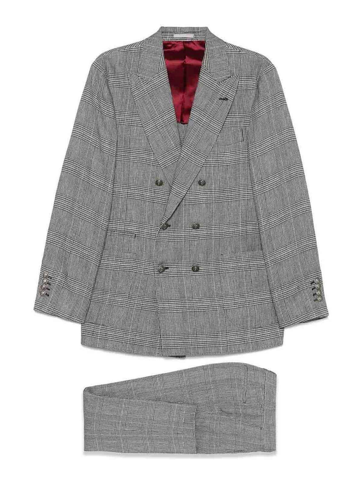 BRUNELLO CUCINELLI MEN'S GRAY PLAID DOUBLE-BREASTED SUIT