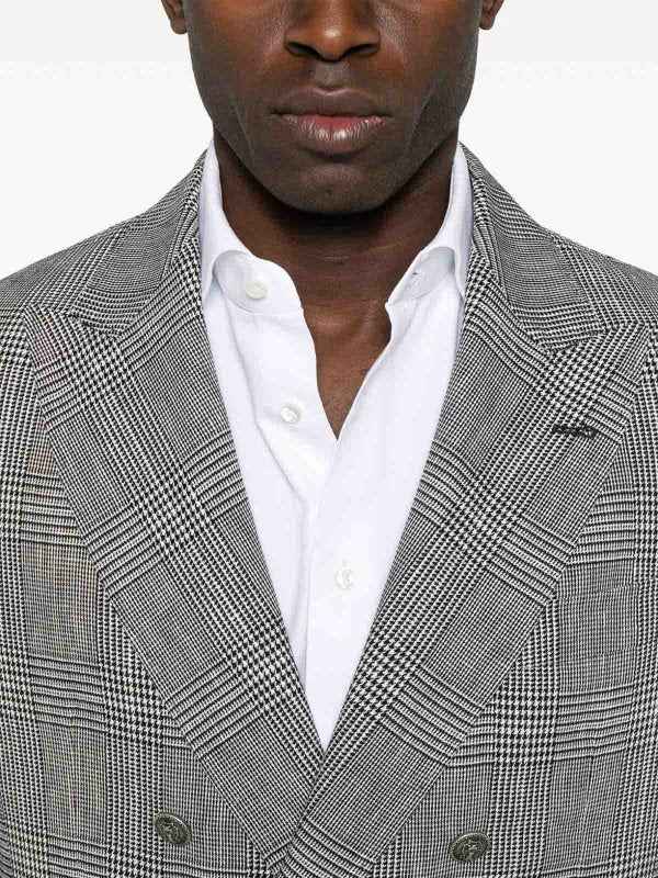 BRUNELLO CUCINELLI MEN'S GRAY PLAID DOUBLE-BREASTED SUIT
