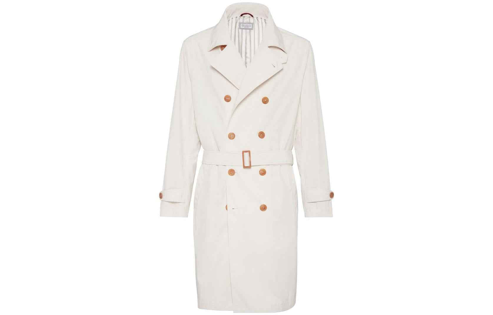 BRUNELLO CUCINELLI MEN'S IVORY DOUBLE-BREASTED TRENCH COAT
