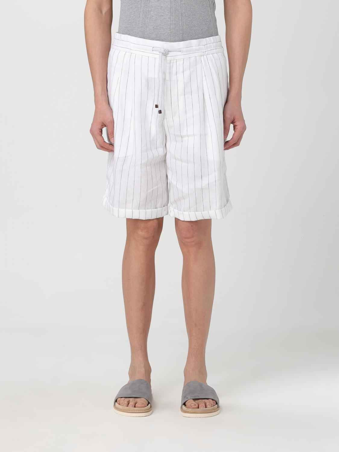 BRUNELLO CUCINELLI MEN'S WHITE LINEN STRIPED TAILORED SHORTS