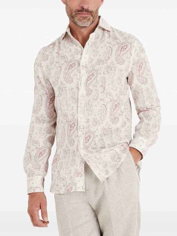 BRUNELLO CUCINELLI MEN'S RASPBERRY PAISLEY LINEN SHIRT