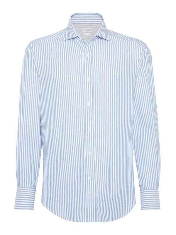 BRUNELLO CUCINELLI MEN'S WHITE AND LIGHT BLUE STRIPED SHIRT