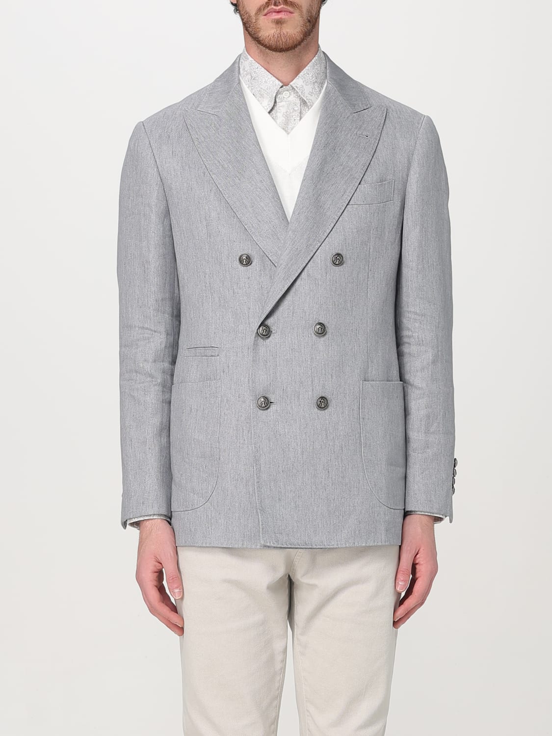 BRUNELLO CUCINELLI MEN'S LIGHT GREY LINEN BLAZER