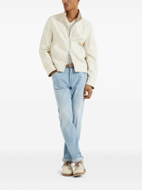 BRUNELLO CUCINELLI MEN'S IVORY LEATHER ZIP JACKET