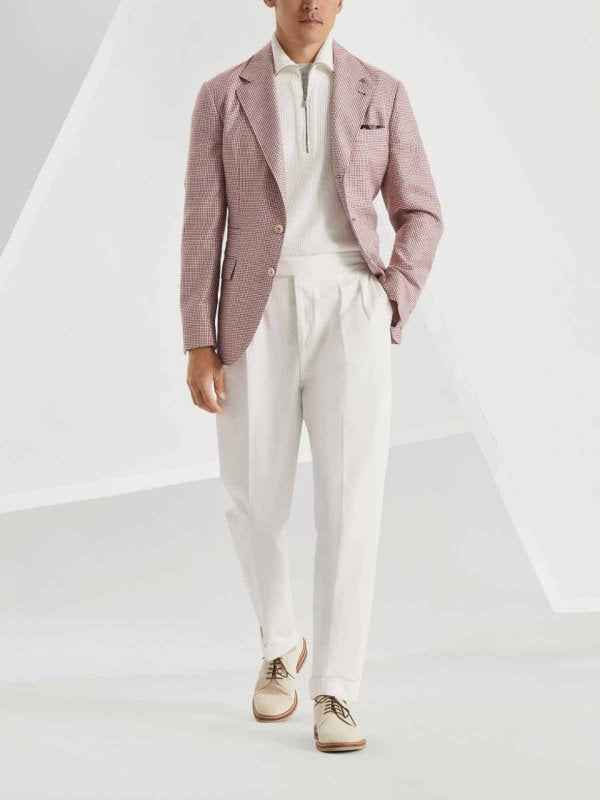 BRUNELLO CUCINELLI MEN'S WHITE AND RED WOOL LINEN BLAZER