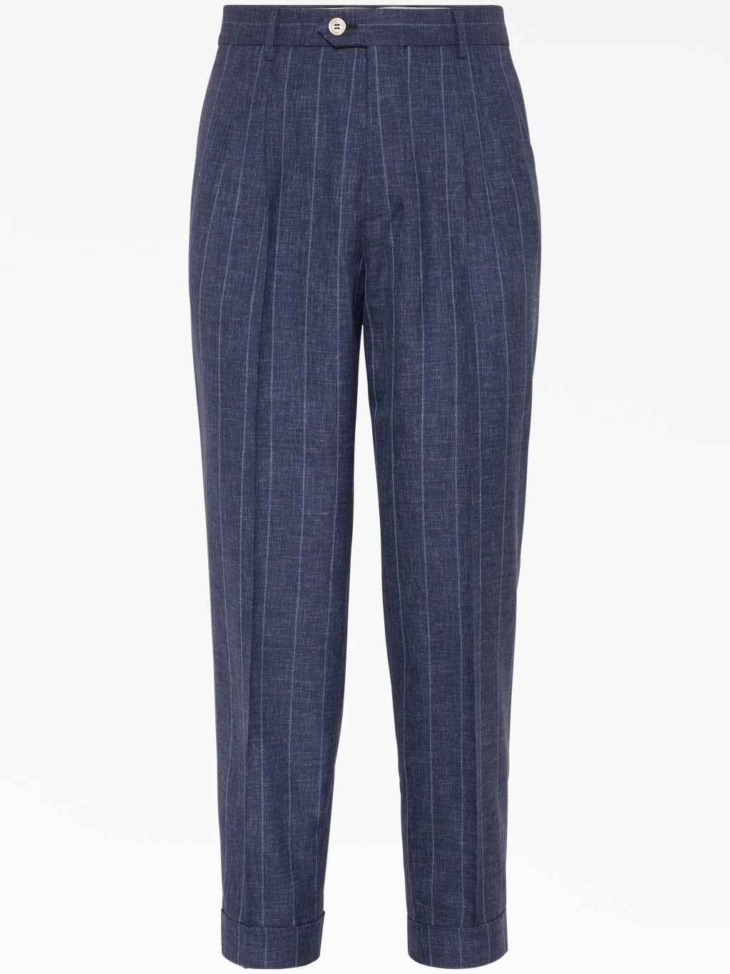 BRUNELLO CUCINELLI MEN'S NAVY WOOL PINSTRIPE TROUSERS
