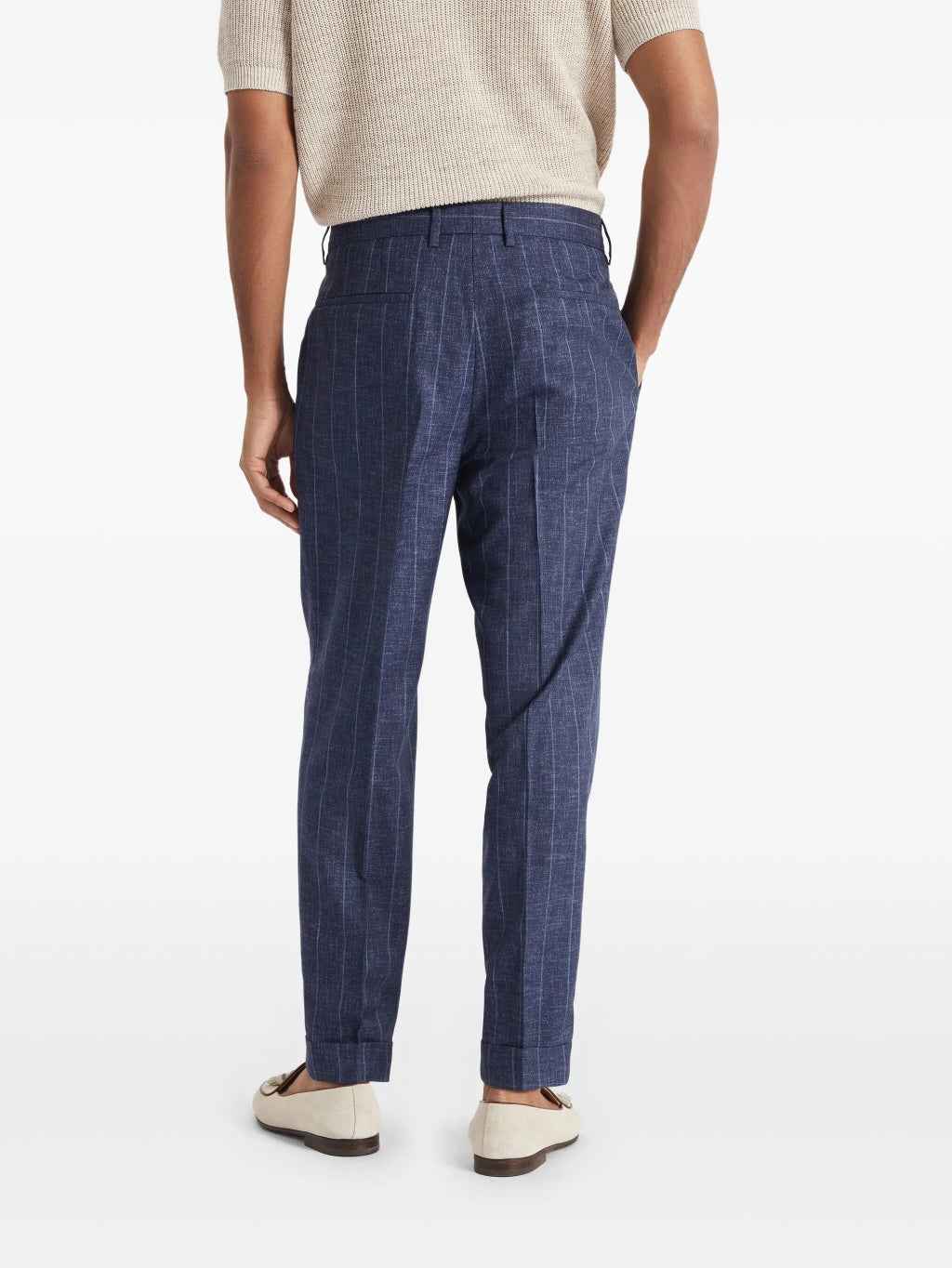 BRUNELLO CUCINELLI MEN'S NAVY WOOL PINSTRIPE TROUSERS