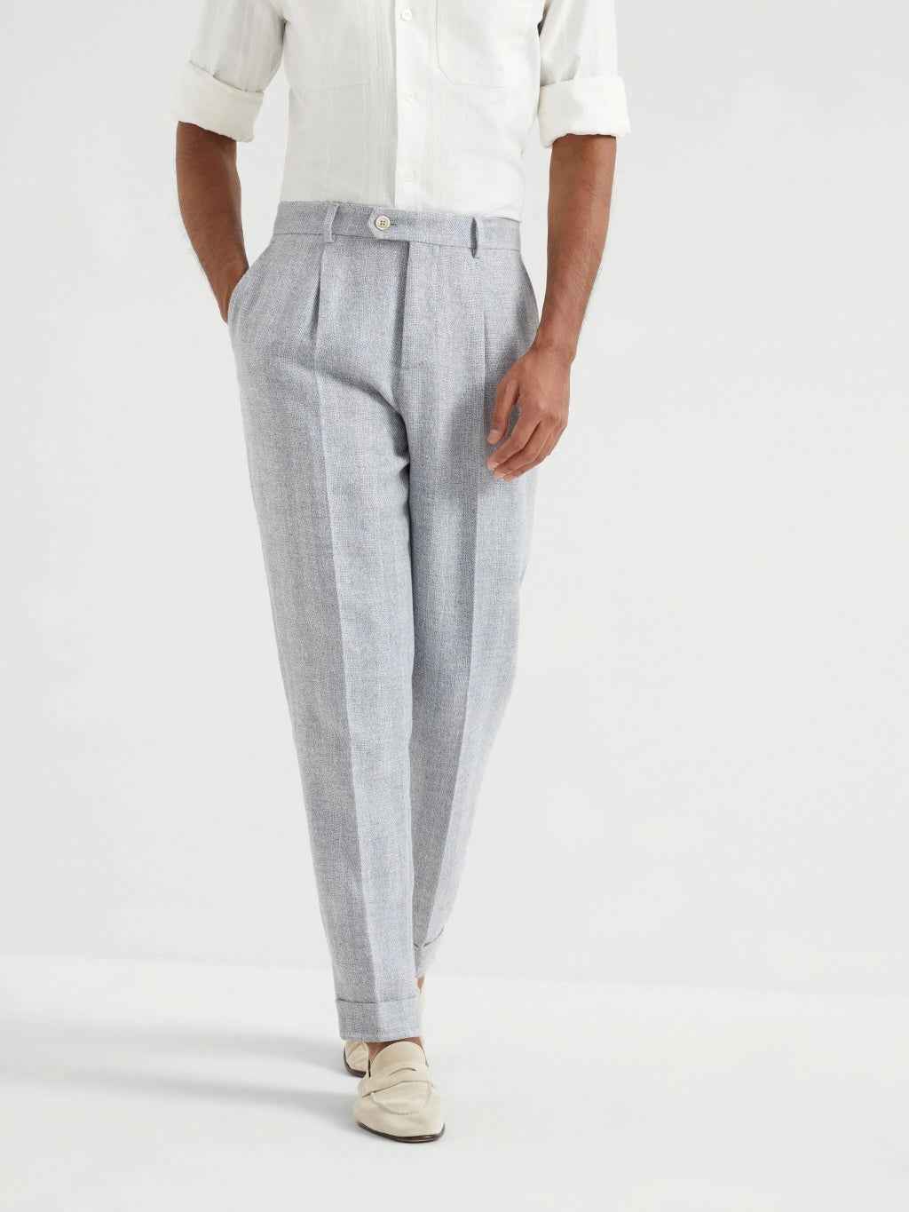 BRUNELLO CUCINELLI MEN'S DUST LINEN SILK WOOL TROUSERS
