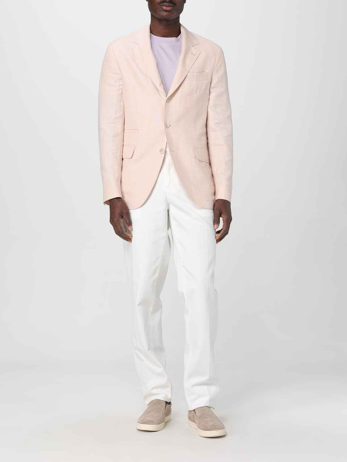 BRUNELLO CUCINELLI MEN'S LIGHT PINK WOOL LINEN BLAZER