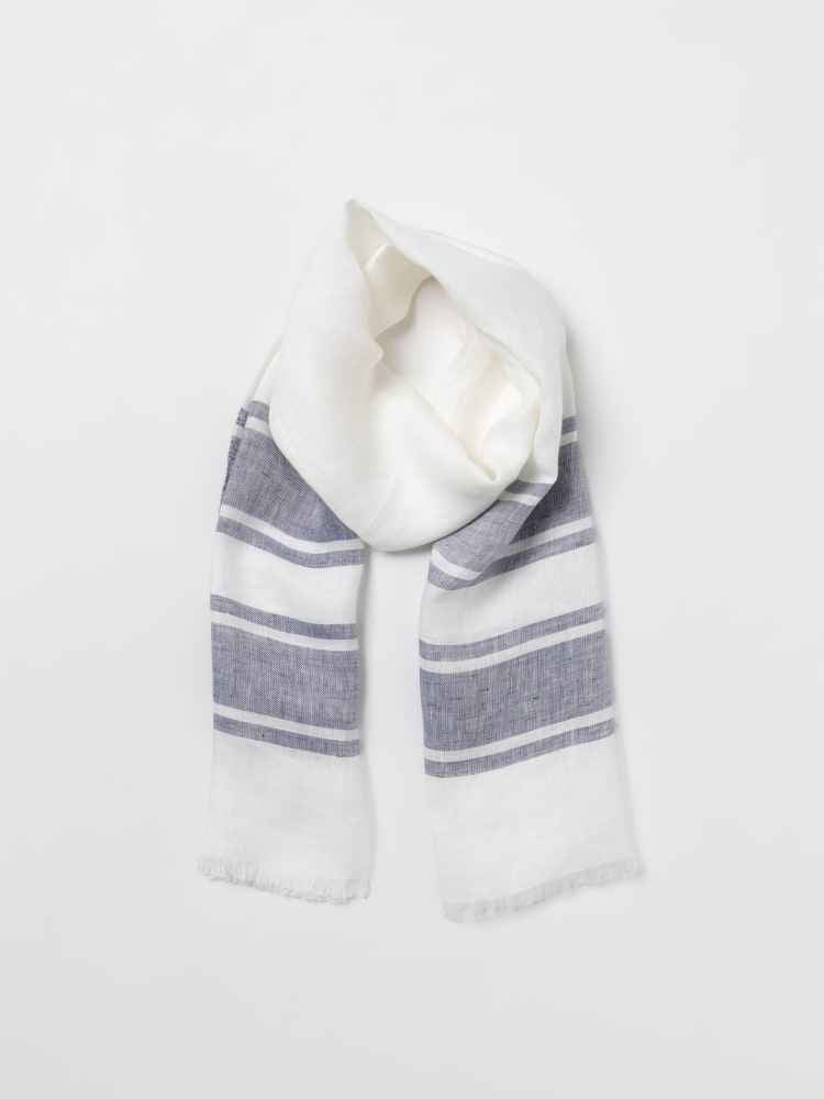 BRUNELLO CUCINELLI MEN'S WHITE AND BLUE LINEN STRIPED SCARF