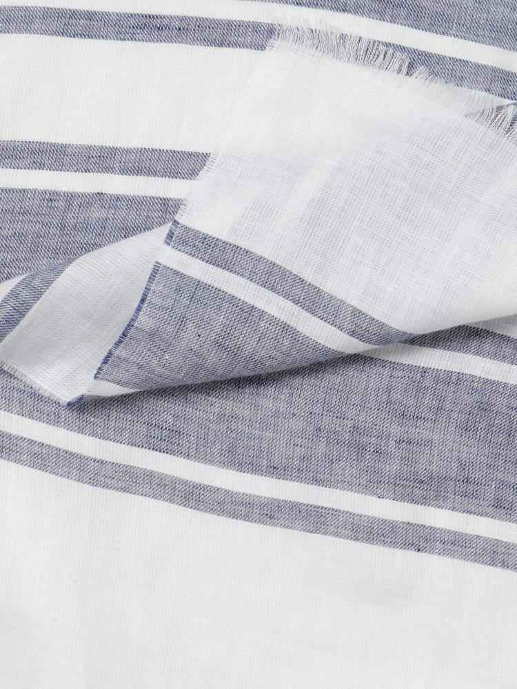 BRUNELLO CUCINELLI MEN'S WHITE AND BLUE LINEN STRIPED SCARF
