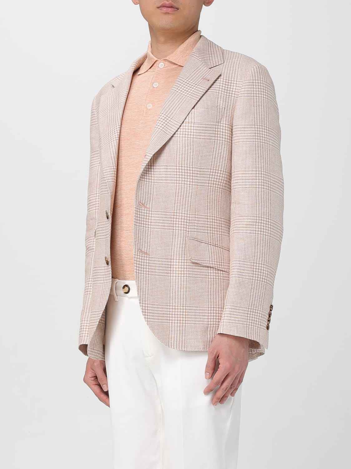 BRUNELLO CUCINELLI MEN'S PAPAYA LINEN WOOL PLAID BLAZER
